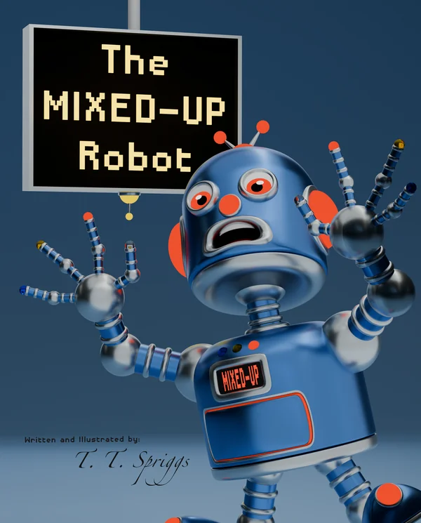 The Mixed-Up Robot — Book 1 cover featuring a confused blue robot pointing at his face.