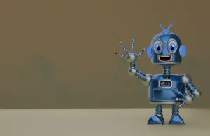 Blue robot smiling and waving with a HELLO display.