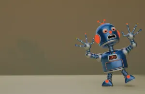 Red-accent robot reacting with an ERROR display.