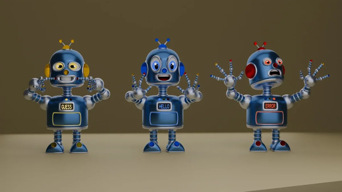 Teacher and children reading together with a friendly robot character.